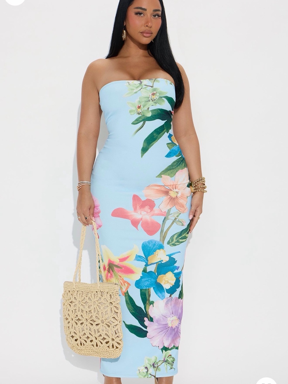 Fashion Nova Strapless Sky Blue Tropical Floral Midi Dress